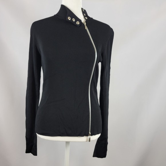 YUKA Tops - YUKA Elegant Black High Neck Snap Asymmetrical Zipper Cardigan Sweater Top